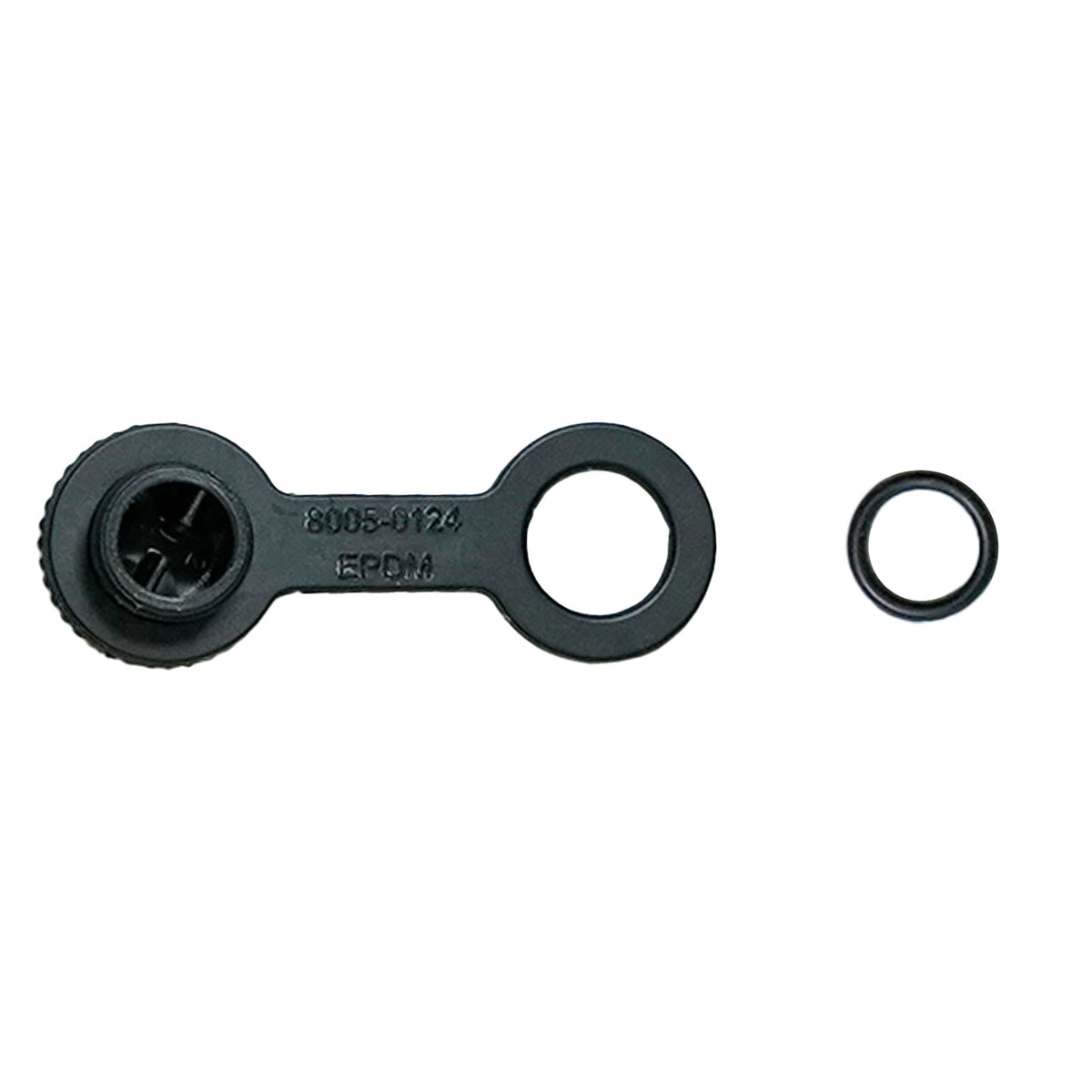 A black plastic cap with tether and a separate small O-ring to the right, shown on a plain white background.