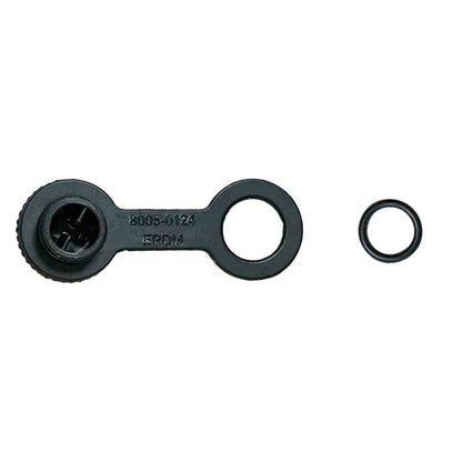 A black plastic cap with tether and a separate small O-ring to the right, shown on a plain white background.