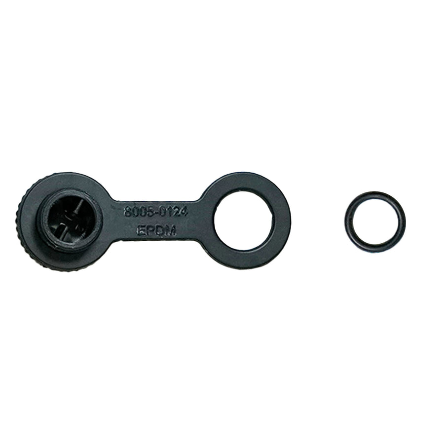 A black plastic cap with tether and a separate small O-ring to the right, shown on a plain white background.