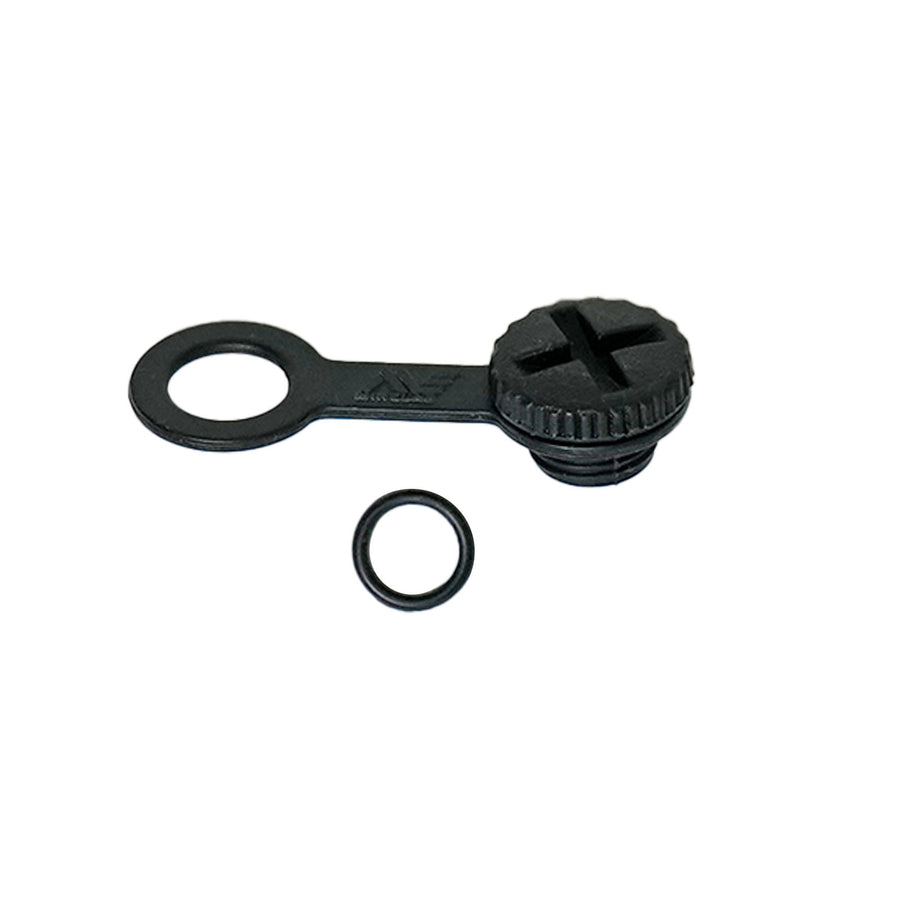 A black plastic cap with tether and a separate small O-ring and Minelab logo shown on a plain white background.