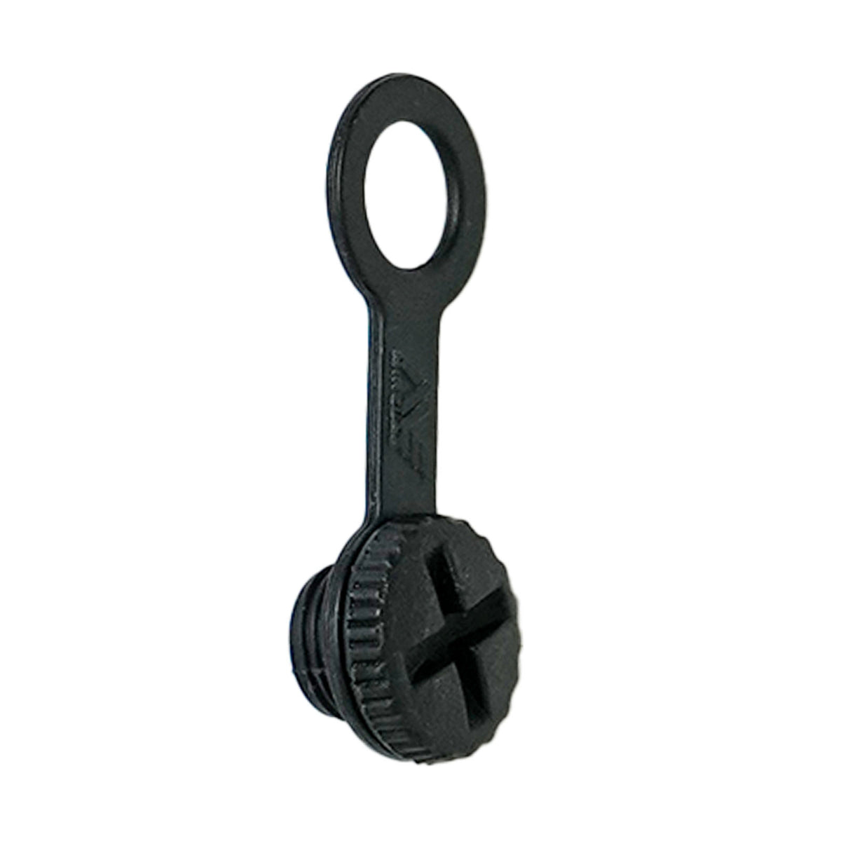 A black plastic headphone cap with a threaded base and a tether handle, shown on a plain white background.
