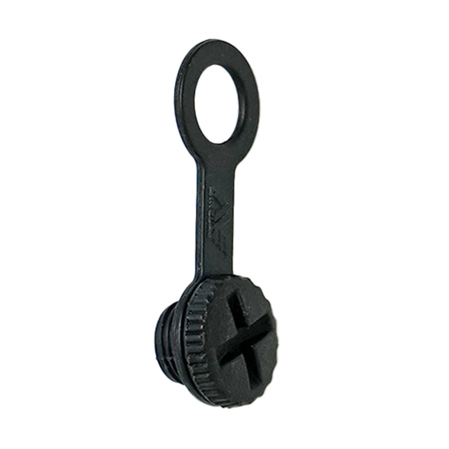 A black plastic headphone cap with a threaded base and a tether handle, shown on a plain white background.