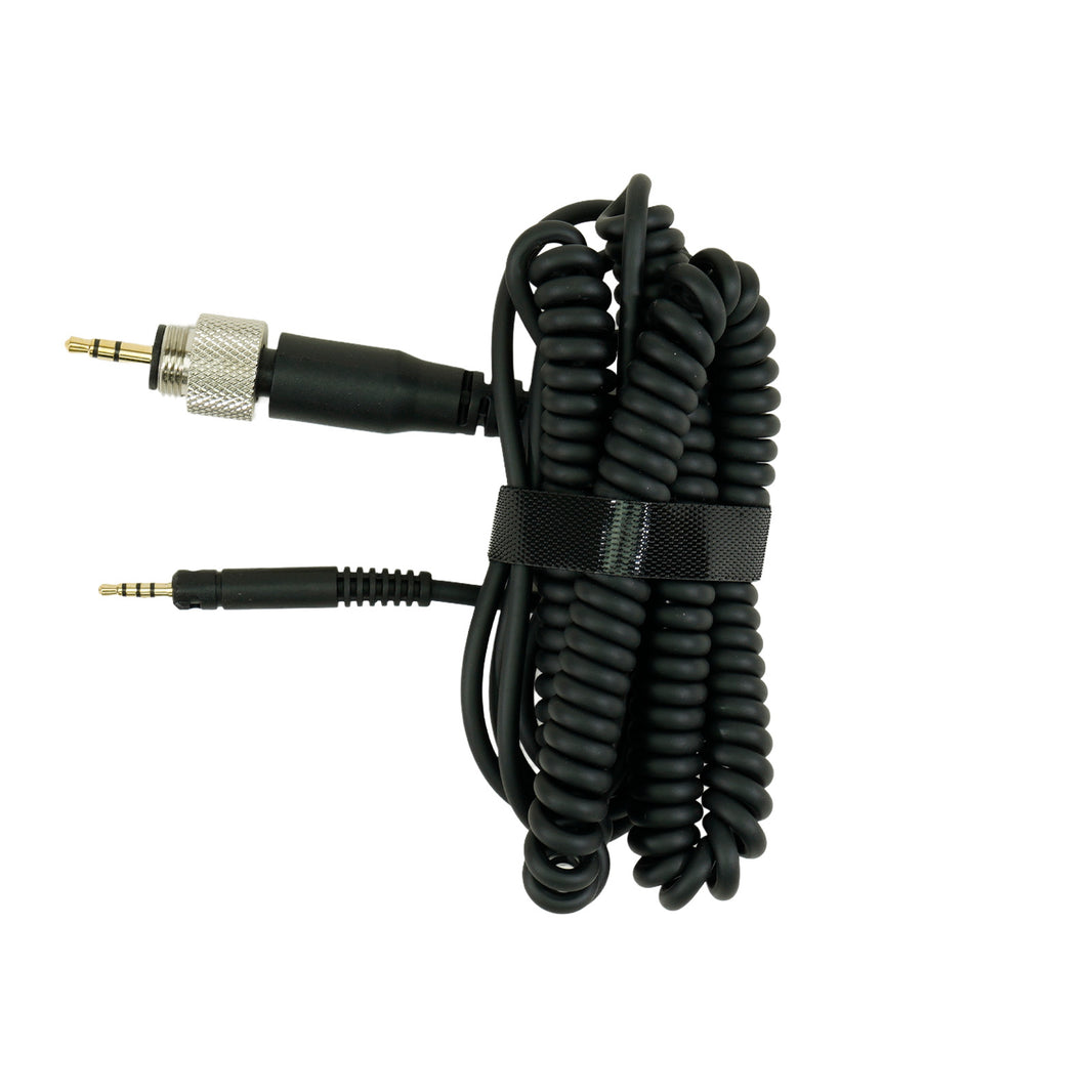 black charger for Sennheiser HD505 headphones with curled cord on white background