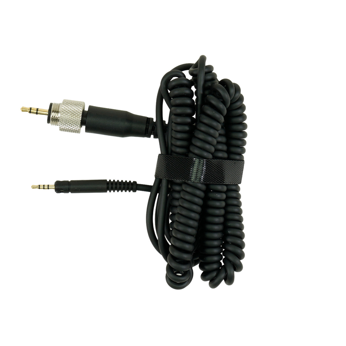 black charger for Sennheiser HD505 headphones with curled cord on white background