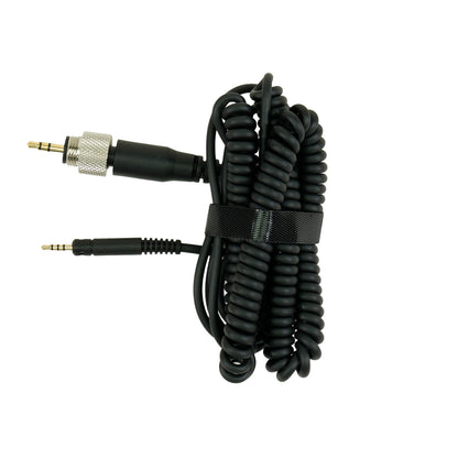 black charger for Sennheiser HD505 headphones with curled cord on white background