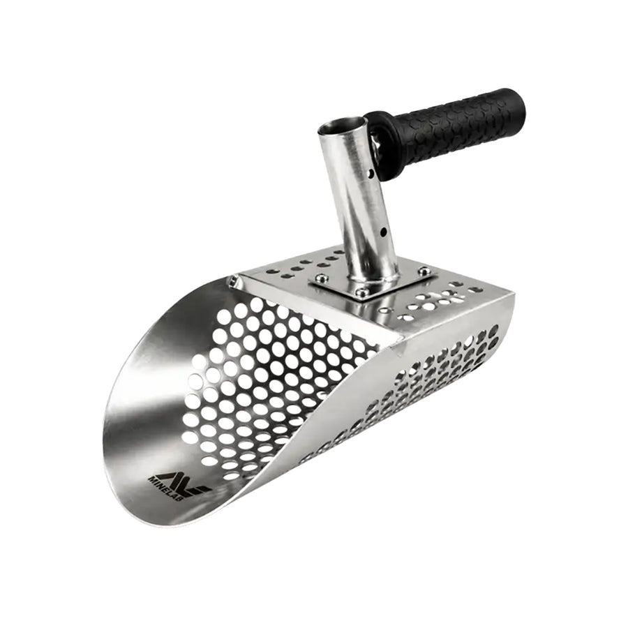 Stainless steel sand scoop position to the right with a black handle and Minelab logo