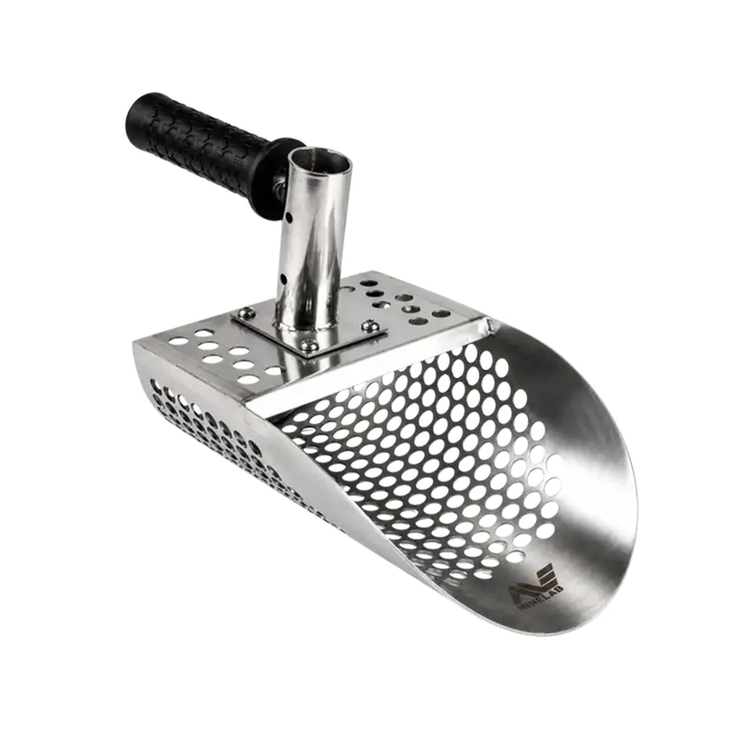 Stainless steel sand scoop position to the left with a black handle and Minelab logo