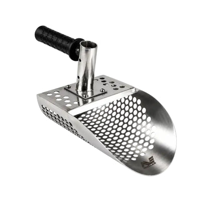 Stainless steel sand scoop position to the left with a black handle and Minelab logo
