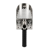 Stainless steel sand scoop position  straight up with a black handle and Minelab logo