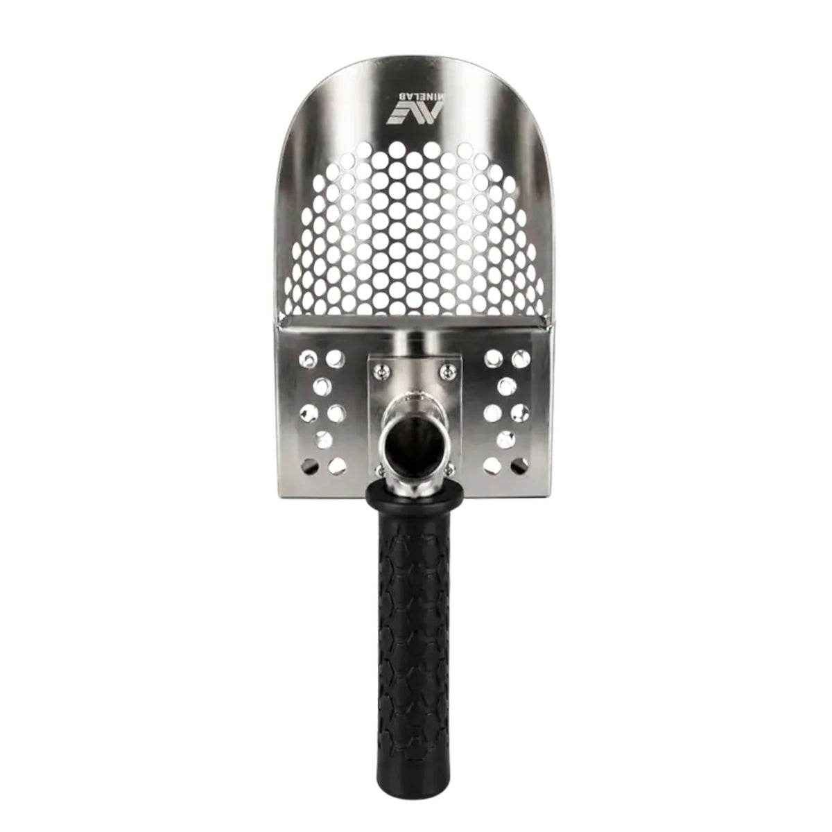 Stainless steel sand scoop position  straight up with a black handle and Minelab logo