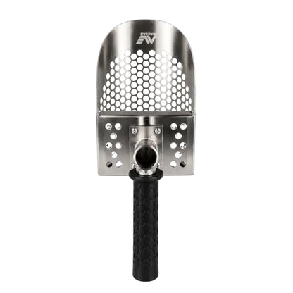 Stainless steel sand scoop position  straight up with a black handle and Minelab logo