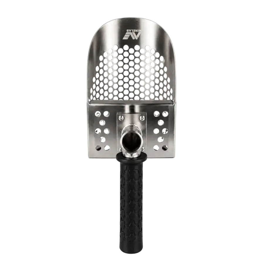 Stainless steel sand scoop position  straight up with a black handle and Minelab logo