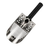 Stainless steel sand scoop position  sideways with a black handle and Minelab logo