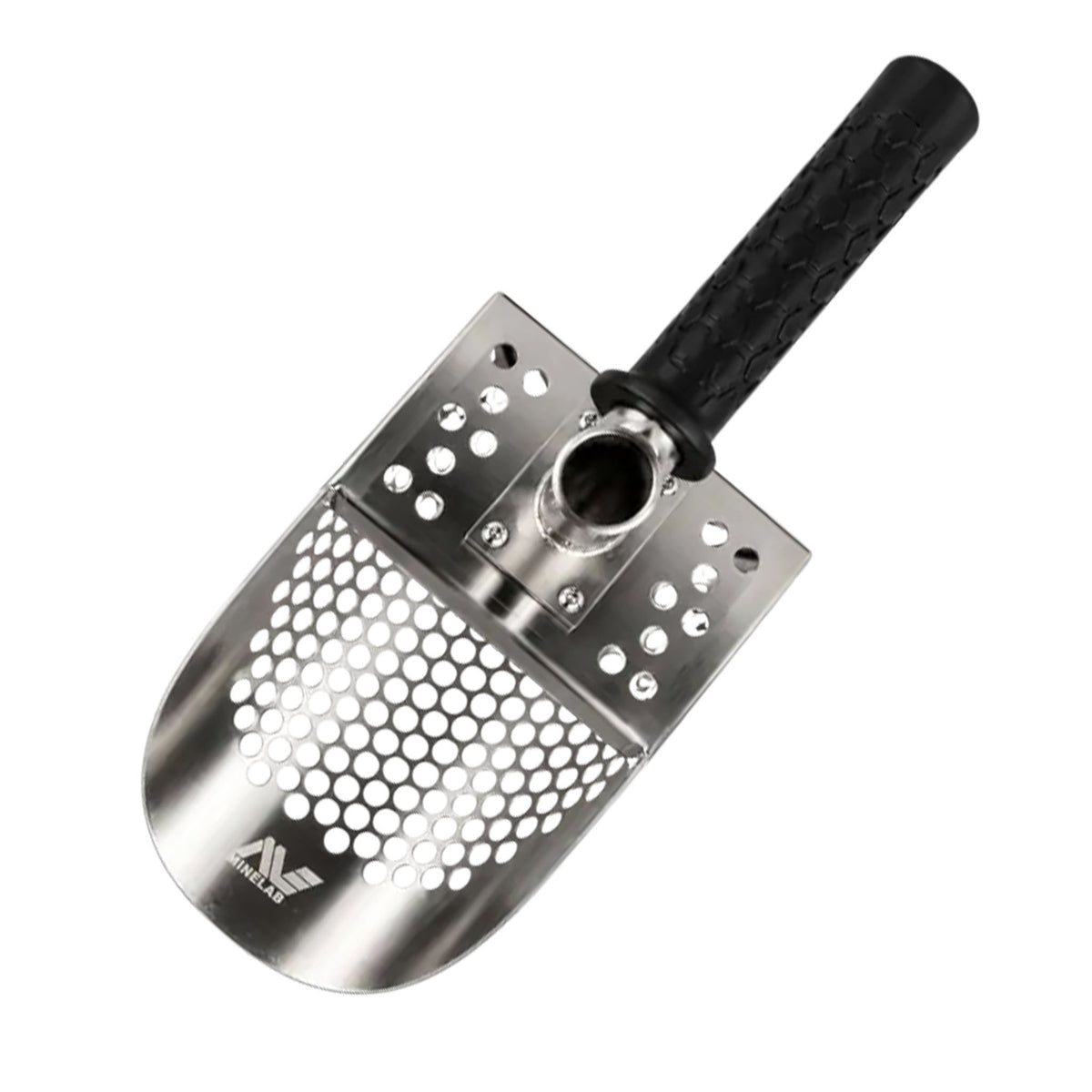 Stainless steel sand scoop position  sideways with a black handle and Minelab logo