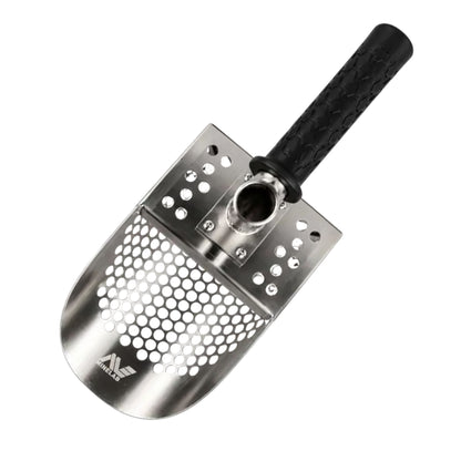 Stainless steel sand scoop position  sideways with a black handle and Minelab logo