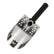 Stainless steel sand scoop position  sideways with a black handle and Minelab logo