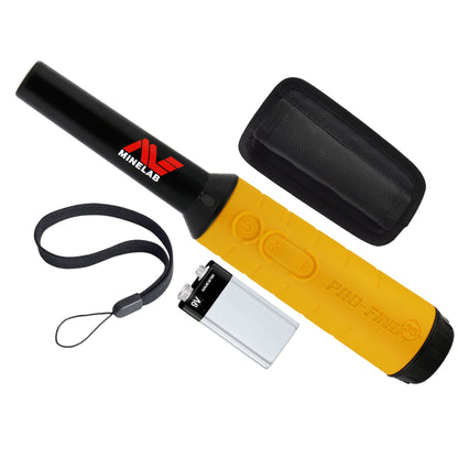 Minelab Pro-Find 35 pinpointer kit: yellow and black pinpointer, belt holster, lanyard and 9V battery