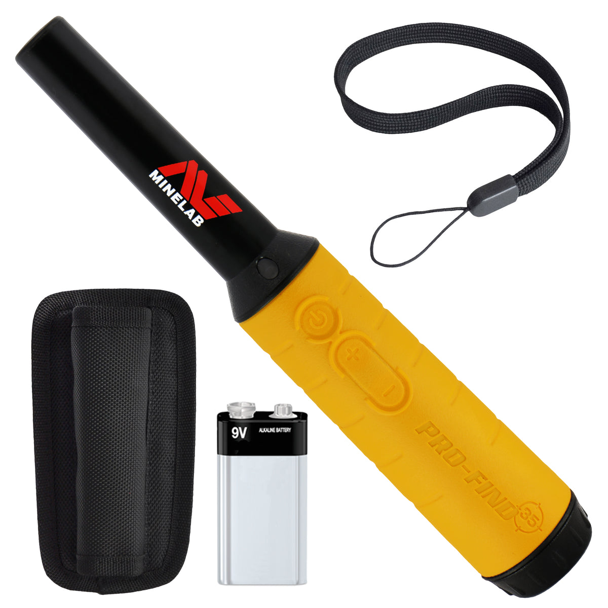 Minelab Pro FInd pinpointer shown with holster, lanyard and 9-volt battery.