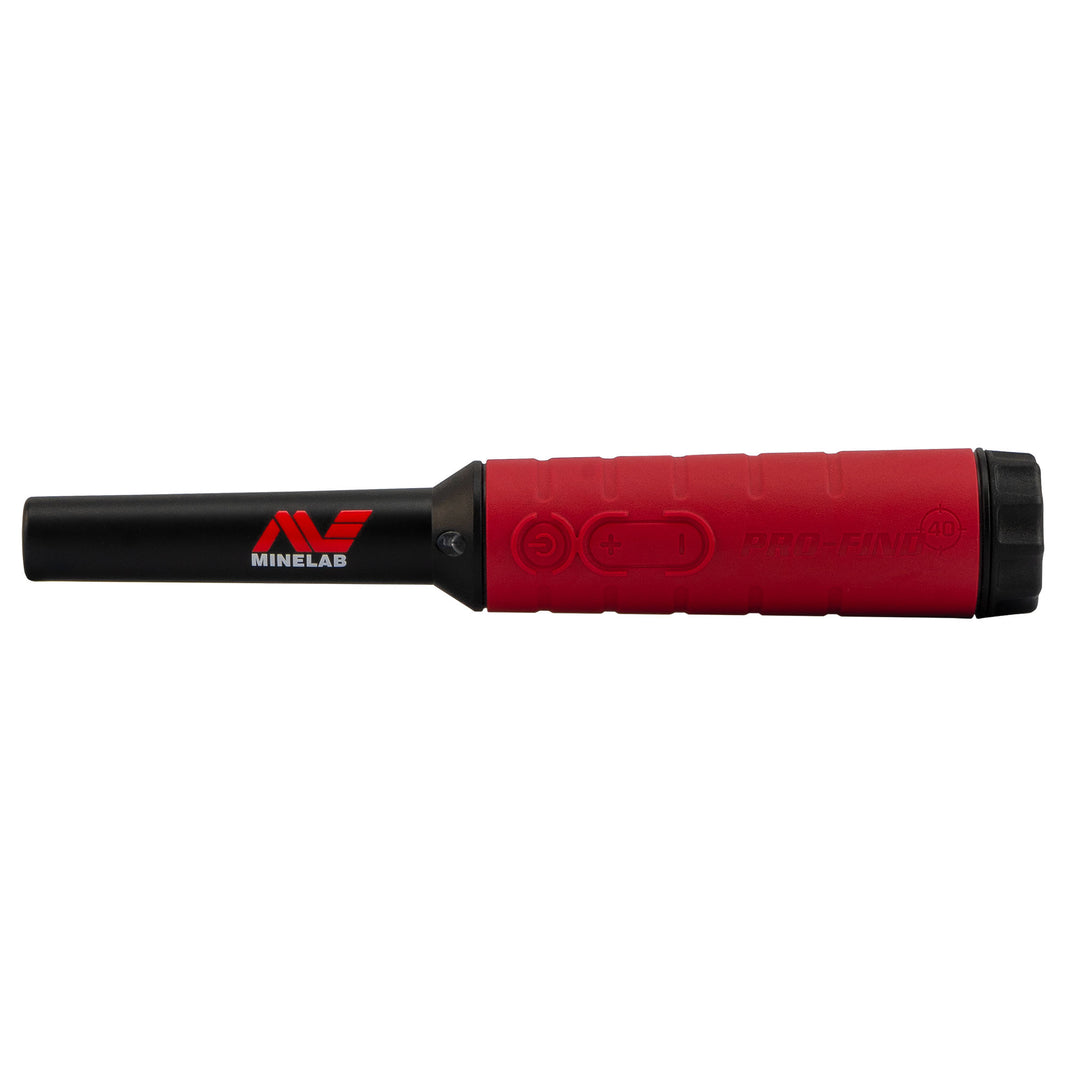 Minelab Pro-Find 40 pinpointer side view showing red handgrip and power button