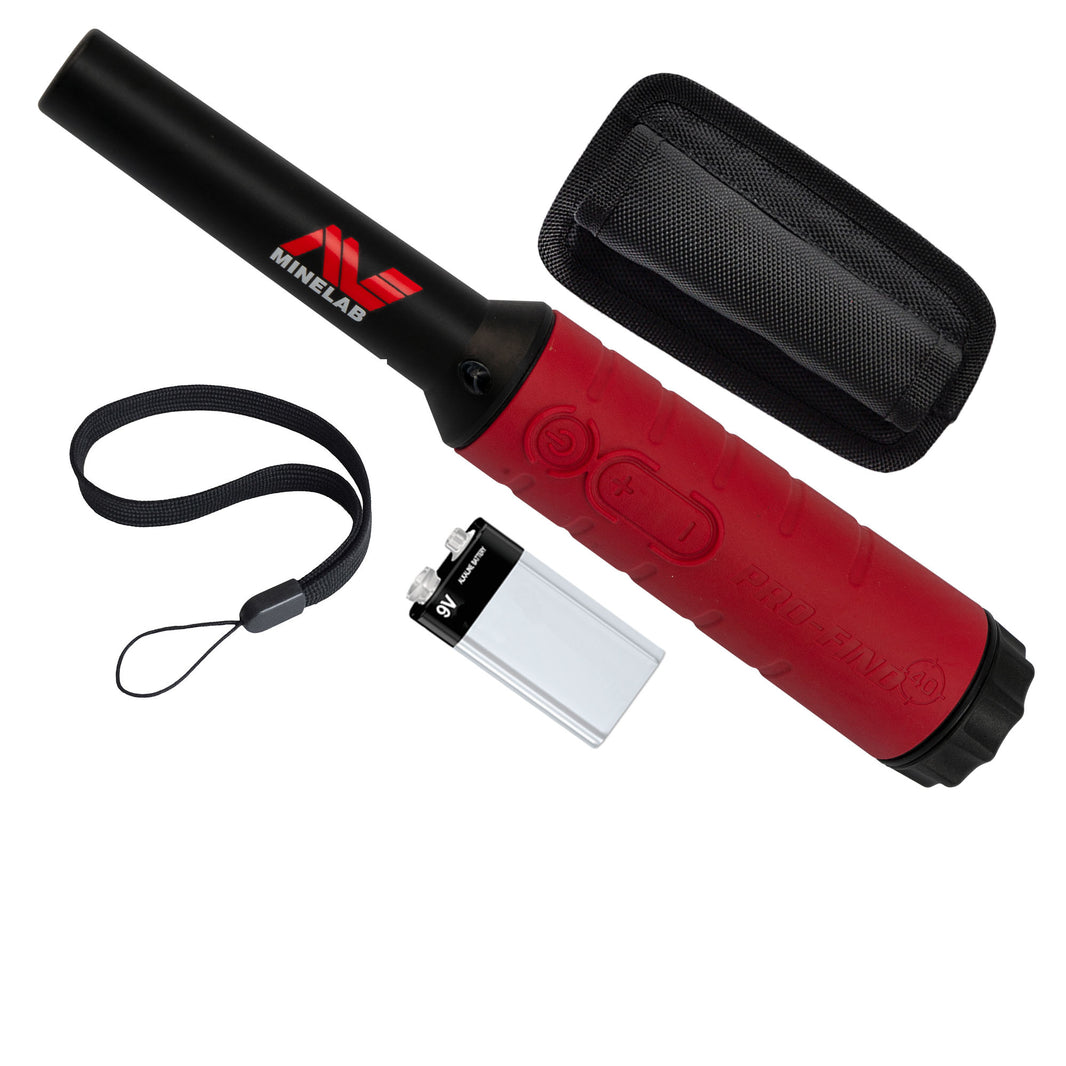 Minelab Pro-Find 40 red waterproof pinpointer with belt holster and lanyard