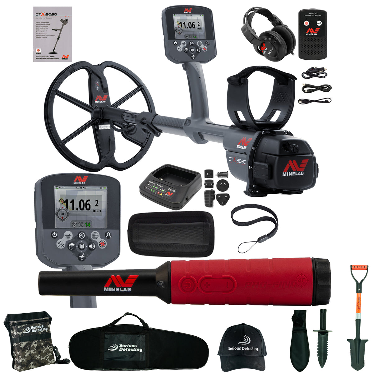 Minelas metal detector kit with a gray and black coil-style detector, red handheld antenna, headphones, battery charger, cables, tools, carrying bag, cap, and accessories arranged on a white background.