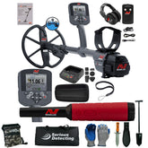 Minelab CTX 3030 Metal detector with headphones, module, charger, red pinpointer, camo pouch, bag, gloves, shovel, and large shovel