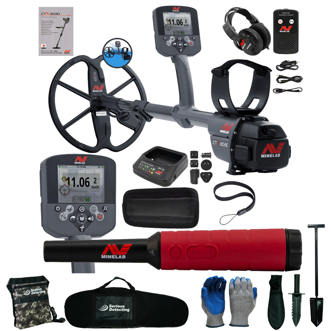 A Minelab metal detector bundle on a white background, including the metal detector, headphones, battery, charger, cables, gloves, shovel, tools, and carrying case.