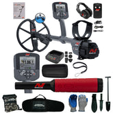 A Minelab metal detector bundle on a white background, including the metal detector, headphones, battery, charger, cables, gloves, shovel, tools, and carrying case.