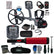 A Minelab metal detector bundle on a white background, including the metal detector, headphones, battery, charger, cables, gloves, shovel, tools, and carrying case.
