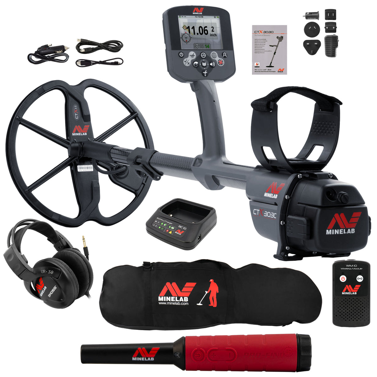 Minelab CTX 3030 detector laid out with 11 in DD Smart Coil, UR-30 headphones, Pro-Find 40, carry bag and charger