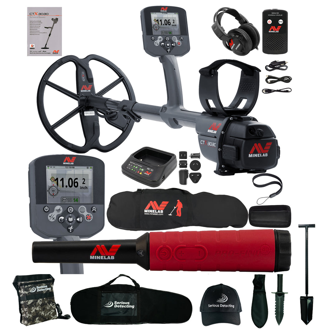 Minelab CTX 3030 with bag and pinpointer with accessories on white background