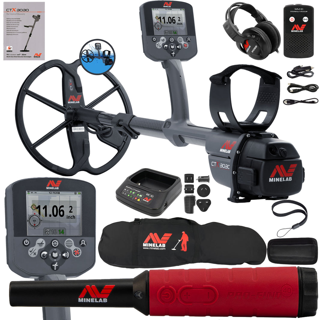 Minelab CTX 3030 package with Pro-Find 40 pinpointer, Minelab carry bag, UR-30 headphones, WM 10 module, charger and free Serious Detecting kit
