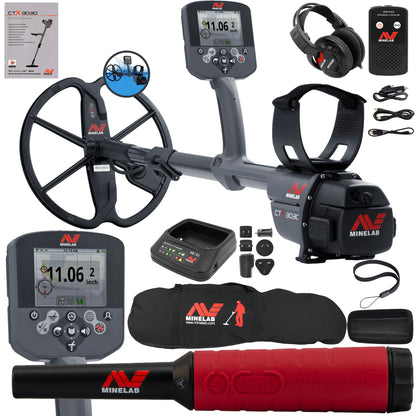 Minelab CTX 3030 package with Pro-Find 40 pinpointer, Minelab carry bag, UR-30 headphones, WM 10 module, charger and free Serious Detecting kit
