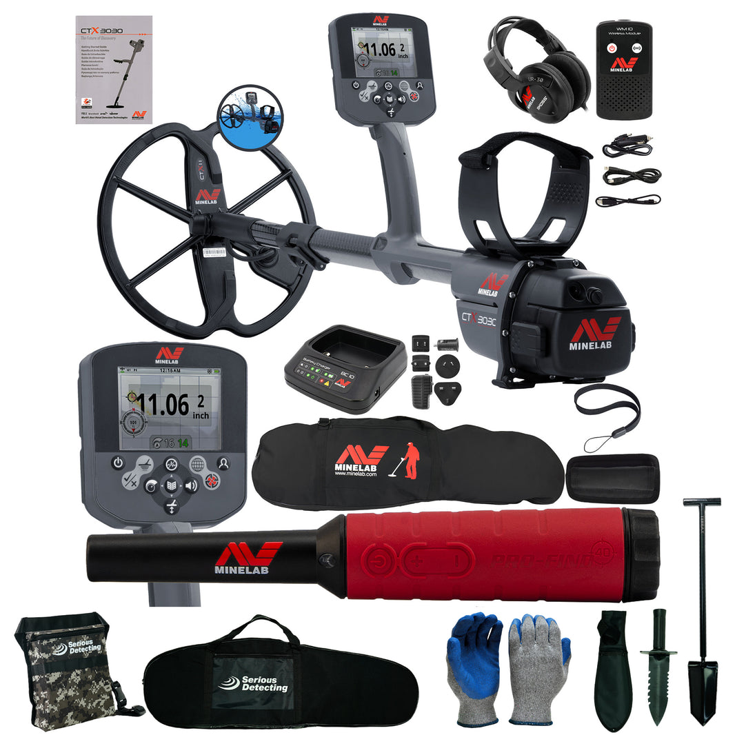 Minelab CTX 3030 with bag and pinpointer with accessories on white background