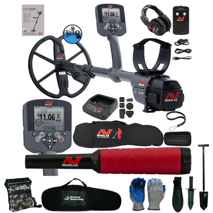 Minelab CTX 3030 with bag and pinpointer with accessories on white background