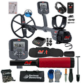 A Minelab metal detector kit laid out on a white background, including a large black coil, two handheld detectors, a red-and-black pinpointer, headphones, battery charger, batteries, straps, gloves, tools, and accessories. The Minelab brand name and logo are clearly visible on multiple items.