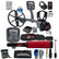 A Minelab metal detector kit laid out on a white background, including a large black coil, two handheld detectors, a red-and-black pinpointer, headphones, battery charger, batteries, straps, gloves, tools, and accessories. The Minelab brand name and logo are clearly visible on multiple items.