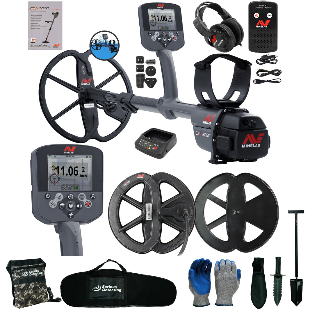 A metal detector kit laid out on a white background, including a gray Minelab CTR-8000 metal detector with multiple coils, headphones, a battery charger, cables, gloves, a carrying case, and accessories.