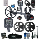 A metal detector kit laid out on a white background, including a gray Minelab CTR-8000 metal detector with multiple coils, headphones, a battery charger, cables, gloves, a carrying case, and accessories.