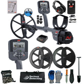 A metal detector kit laid out on a white background, including a gray Minelab CTR-8000 metal detector with two coils, two control boxes, headphones, battery, cables, gloves, a shovel, a digging knife, a bag, and accessories. The Minelab brand is clearly visible on multiple items.