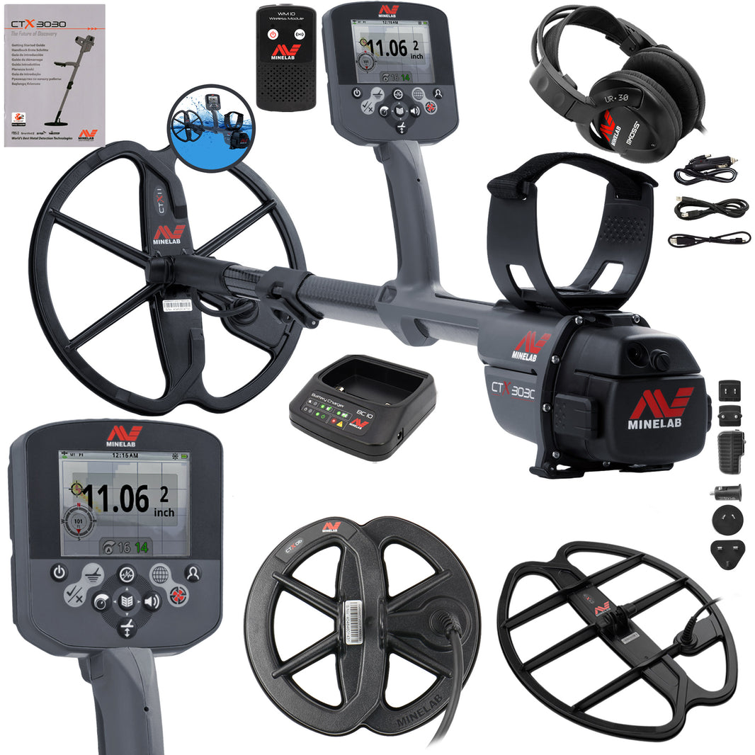 Minelab metal detector with accessories on a white background.