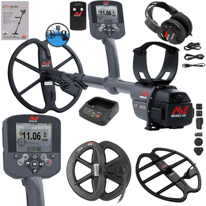 Minelab metal detector with accessories on a white background.