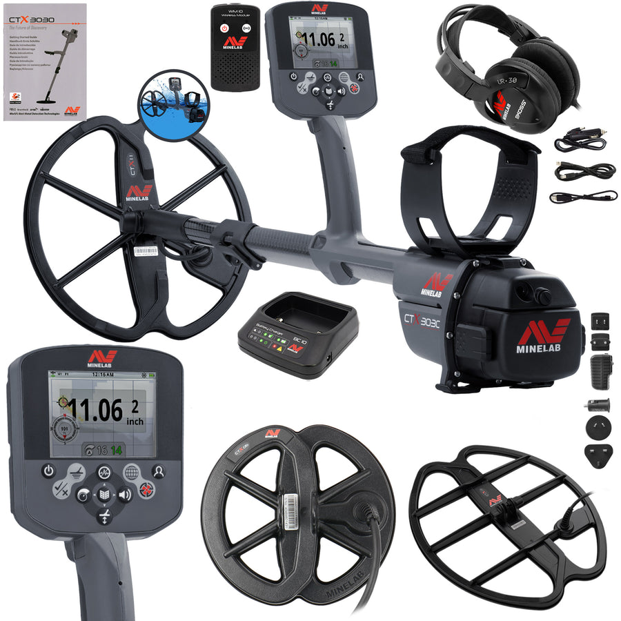 Minelab metal detector with accessories on a white background.