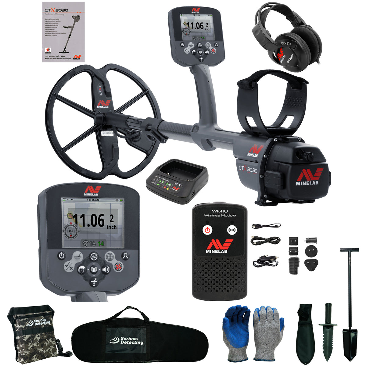 Metal detector gray and black with accessories on white background