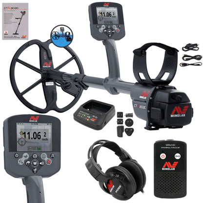The Minelab CTX 3030 waterproof metal detector with insets of the control pod, wireless module, battery charger and UR-30 wireless headphones