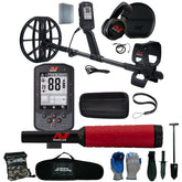 A metal detector kit with a black  metal detector, digital control unit, headphones, carrying case, pinpointer gloves, shovel, and other accessories arranged on a white background.