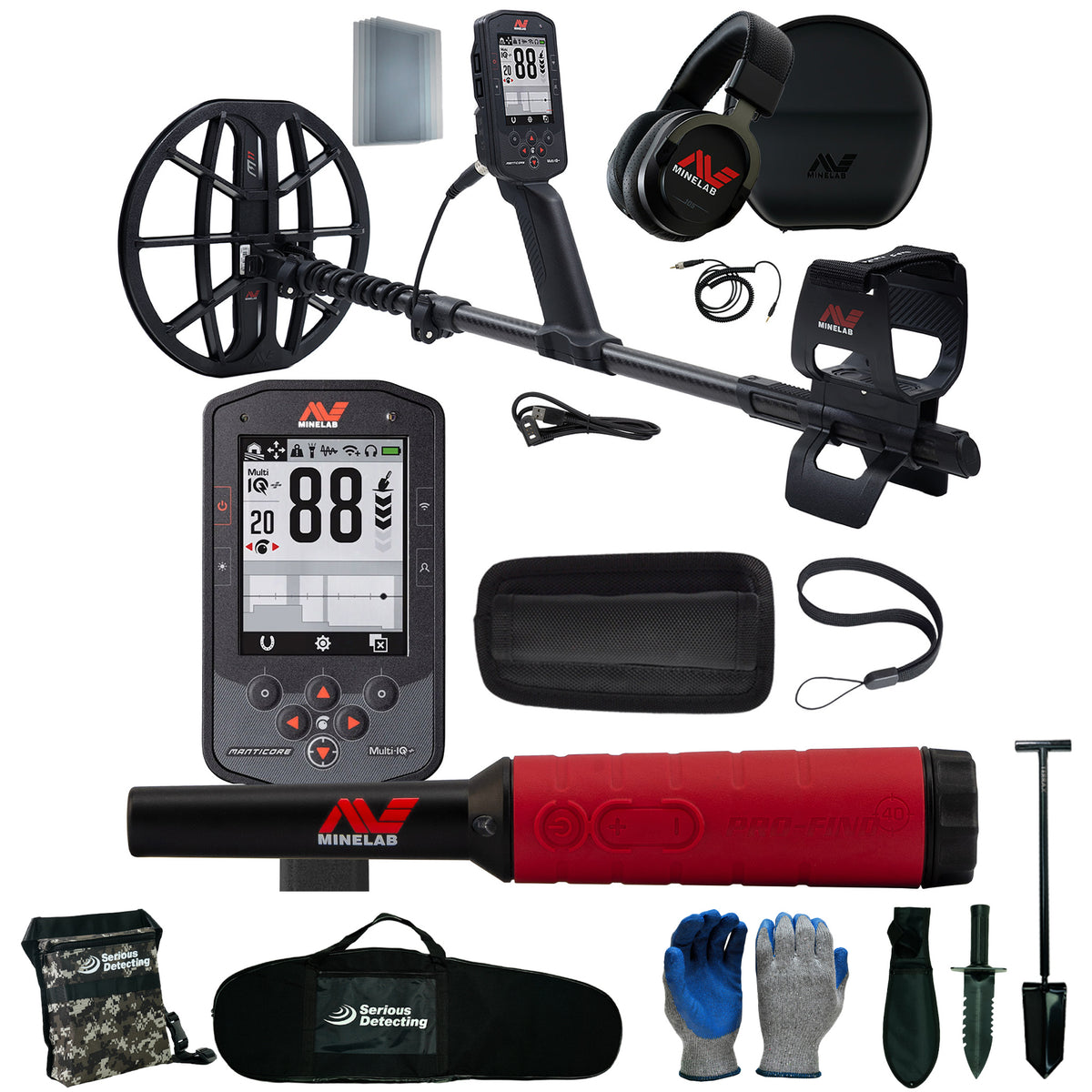 A metal detector kit with a black  metal detector, digital control unit, headphones, carrying case, pinpointer gloves, shovel, and other accessories arranged on a white background.