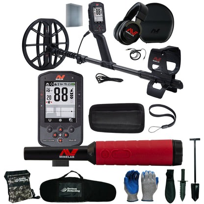 A metal detector kit with a black  metal detector, digital control unit, headphones, carrying case, pinpointer gloves, shovel, and other accessories arranged on a white background.