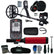 A metal detector kit with a black  metal detector, digital control unit, headphones, carrying case, pinpointer gloves, shovel, and other accessories arranged on a white background.