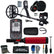 A metal detector kit laid out on a white background, including a black wireless metal detector with a digital display, headphones, carrying case, handheld pinpointer with red grip, gloves, shovel,  and other accessories. The brand name 'Serious Detecting' is visible on several items.